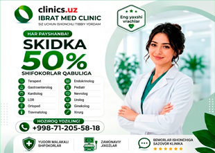 SKIDKA 50% shifokorlar qabuli uchun har payshanba kuni IBRAT MED klinikasida! SKIDKA 50% shifokorlar qabuli uchun har payshanba kuni IBRAT MED klinikasida!